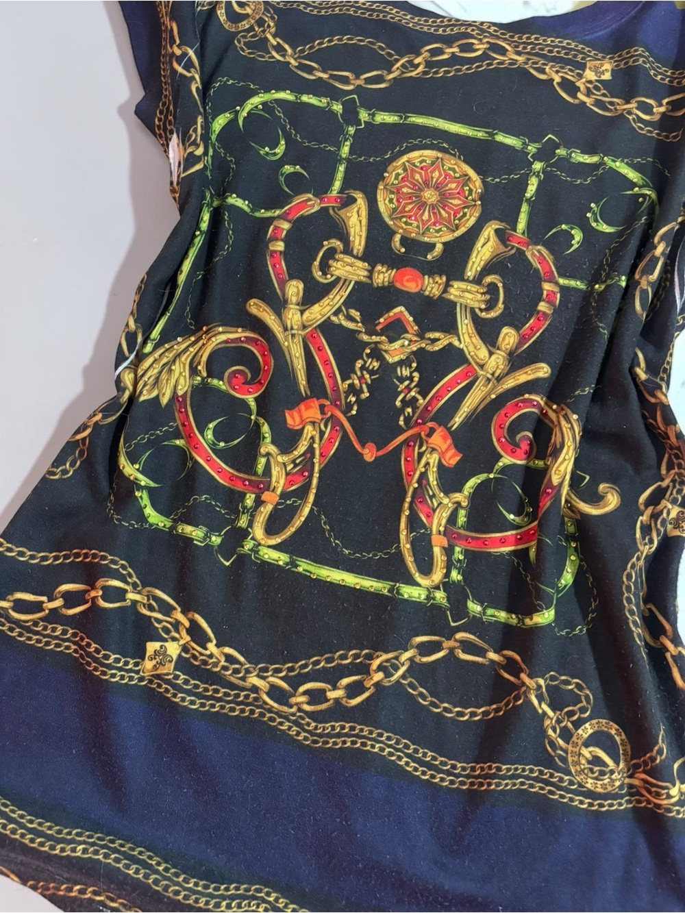 Y2K Cache Baroque Equestrian Chain Print Rhinestone Embellished Top Large - Picture 5 of 8